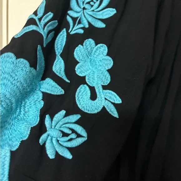 Black Top with Blue Floral Embroidery - Picture 3 of 4